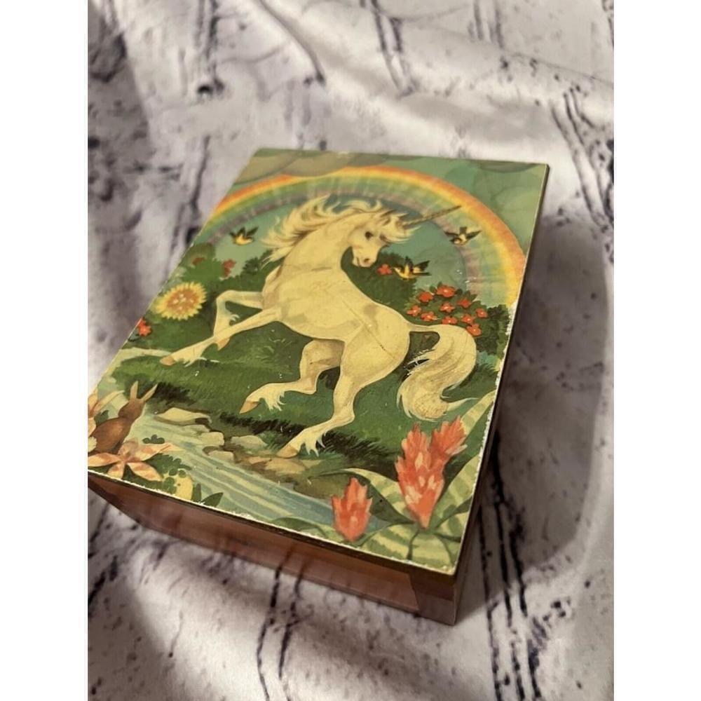 Vintage Galveston Island Texas Wooden Cedar Hinged Trinket Box Unicorn Rainbow